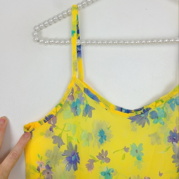 Vintage 1990s 90s Y2K Yellow Mini Floral Stretch Mesh Beach Coverup Dress Medium - Picture 2 of 6